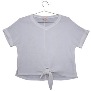 WALKING ON SUNSHINE Sz Medium Top Short Sleeve Tie Knot V-Neck Waffle Knit 0154